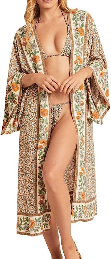 R.Vivimos Women's Vintage Floral Print Beach Boho Cardigan Kimono Maxi Swimwear Cover up Dress Wr... | Amazon (US)