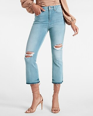 High Waisted FlexX Light Wash Ripped Cropped Flare Jeans | Express