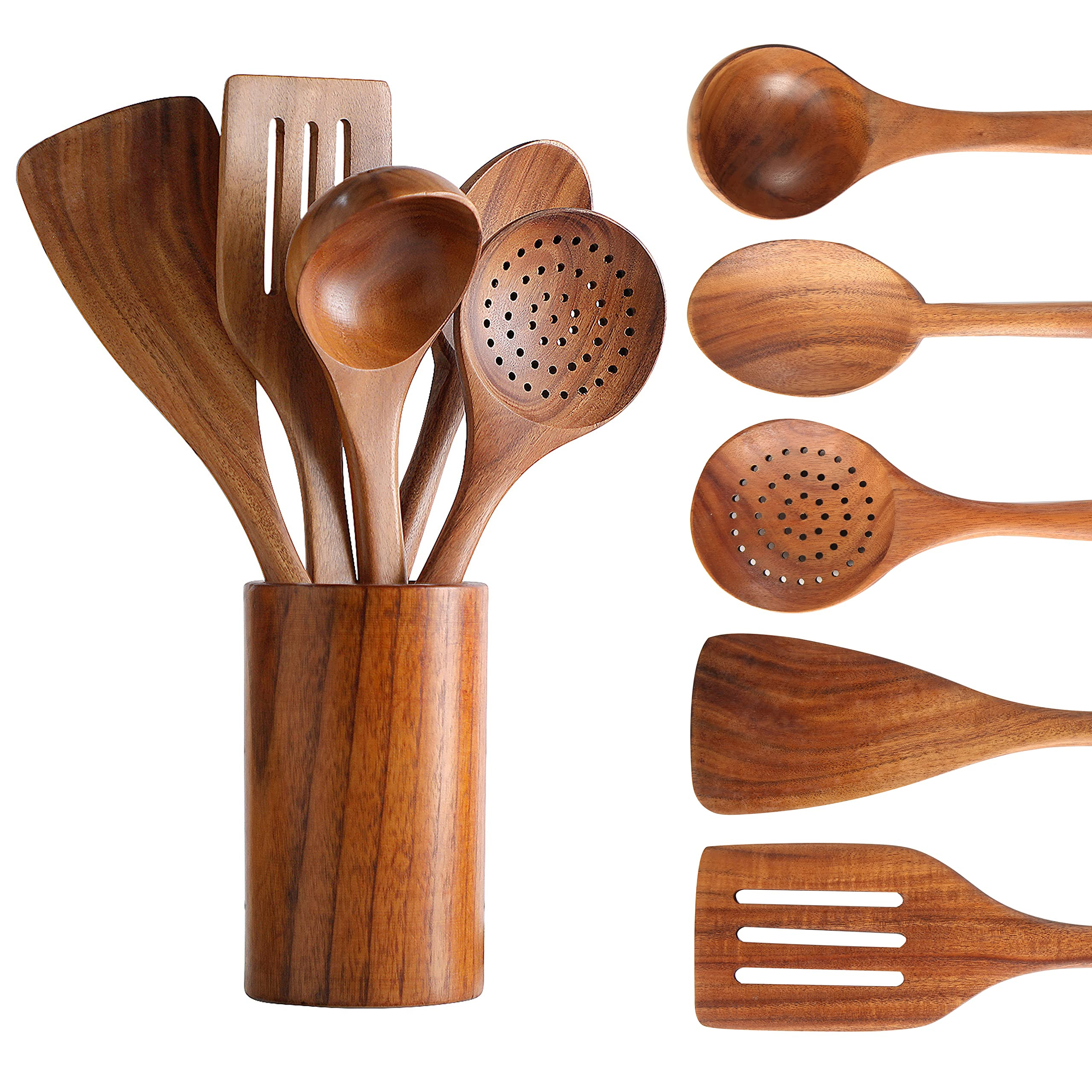 Wooden Spoons for Cooking, Cooking Utensils Set of 6 Natural Teak Wooden Cooking Spatulas with Ut... | Amazon (US)