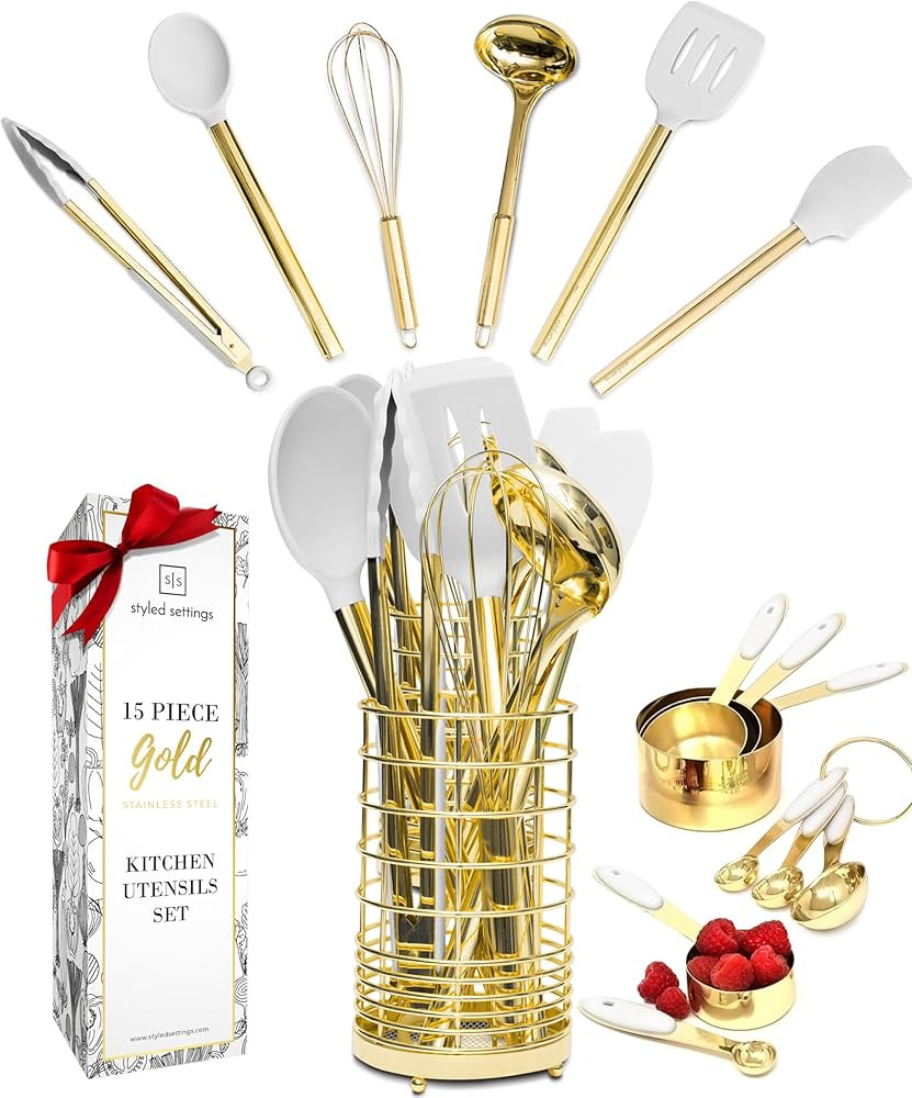 Styled Settings White and Gold Kitchen Utensils Set - 15-Piece BPA free, Non-Scratch, White and G... | Amazon (US)