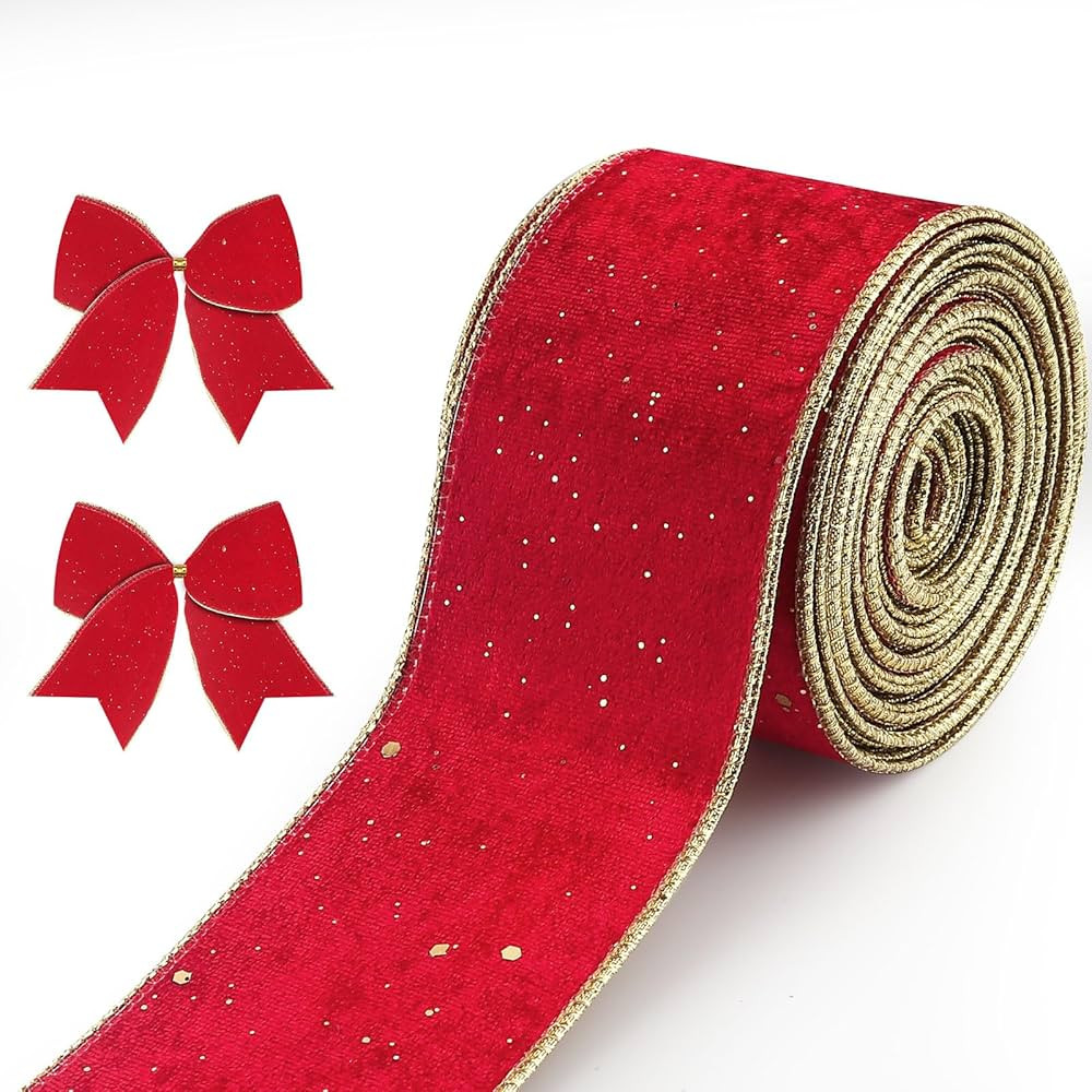 2.5 Inch × 10 Yard Christmas Ribbons for Crafting, Xmas Wired Edge Ribbon Glitter Red Velvet Cra... | Amazon (US)