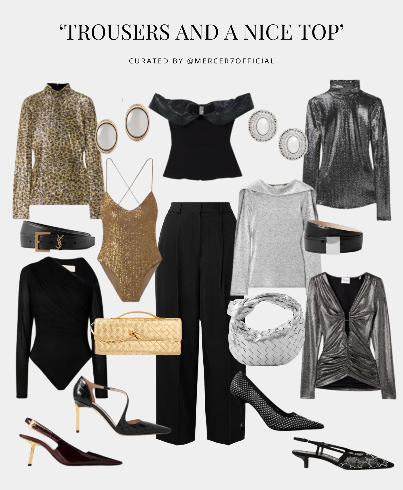 Some festive outfit inspiration. Keep it simple by pairing a pair of black trousers with a metallic top. Easy yet super chic! 

#LTKluxury #LTKeurope #LTKpartywear