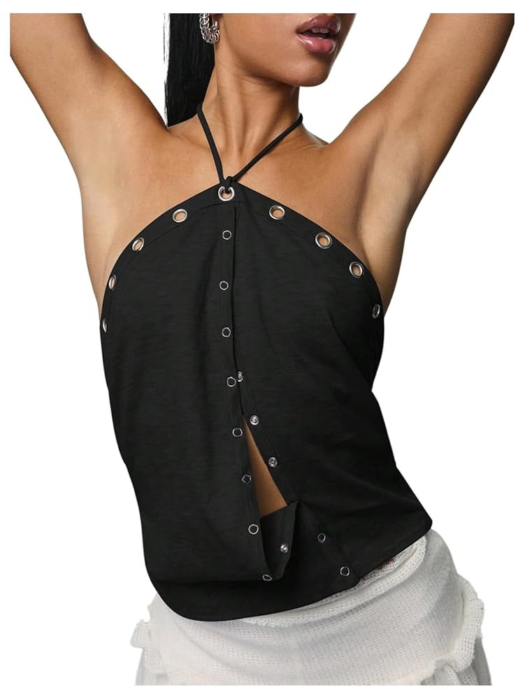 Verdusa Women's Button Front Cut Out Halter Tops Backless Summer Going Out Tops | Amazon (US)