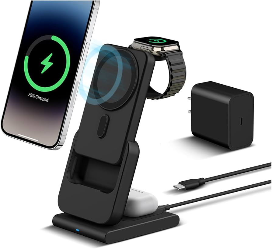 DDUAN 3 in 1 Wireless Charging Station, Foldable Fast Charger Stand with 5000mAh Mag-Safe Portabl... | Amazon (US)