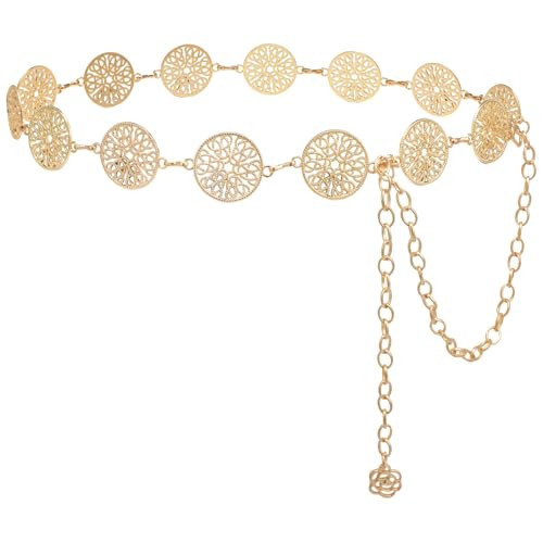 Chain Belt for Women Girls Gold Western Metal Waist Chain, Adjustable Women Long Belt Body Belly Jewelry for Dresses Jeans Trousers Gold Round L | Amazon (US)
