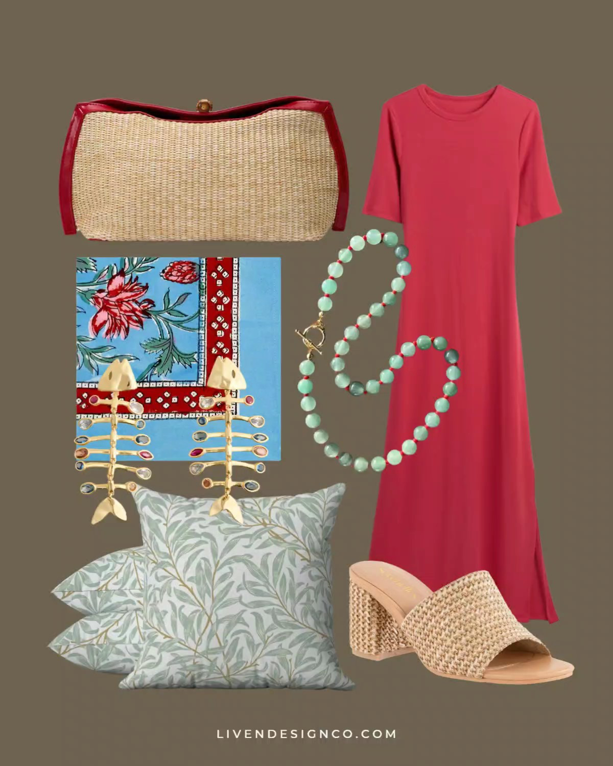 New discoveries. Red midi maxi dress. Summer style. Woven heels. Outdoor pillows. Patio decor. Woven clutch. Tuckernuck. Amazon home. Block print napkins. Fish earrings. Beaded necklace 

#LTKSeasonal #LTKHome #LTKSaleAlert