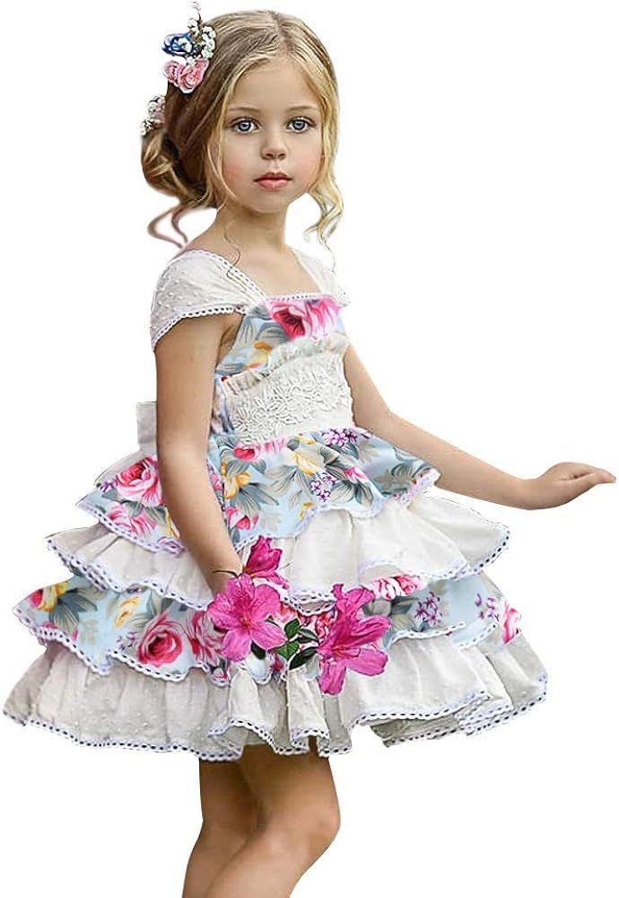 Baby Girls Dress Floral Print Plaid Toddler Tiered Summer Casual Skirt Birthday Wedding Party Dre... | Amazon (US)