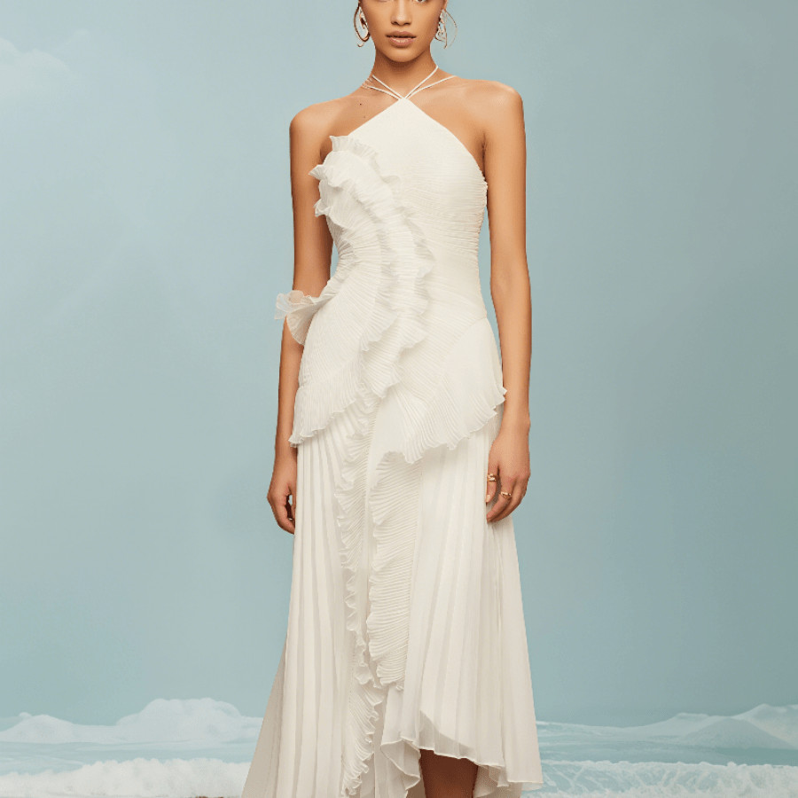 MERITHEREAT Chic Pleated Halter Neck Long Vacation Dress High Quality Purple Strapless Lotus Edge... | SHEIN