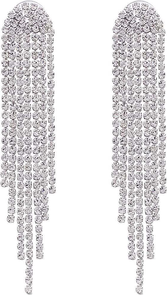 SELOVO Clear Austrian Crystal Chandelier Tassel Long Big Statement Chain Dangle Drop Earrings Silver | Amazon (US)