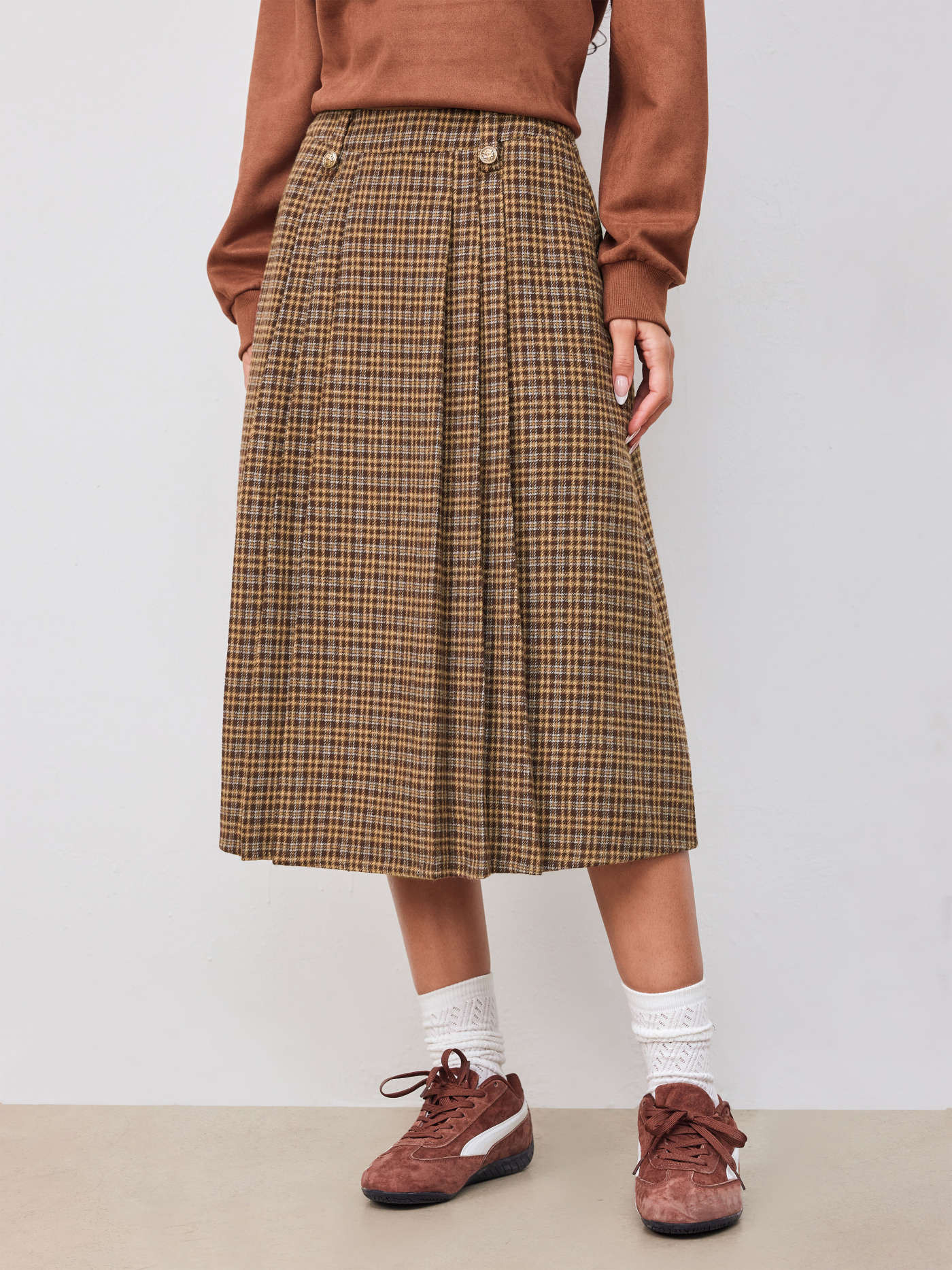 Wool-look High Rise Check Pleated Maxi Skirt | Cider