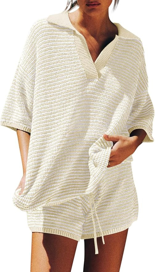 Outfeel Women's 2 Piece Lounge Set Striped V Neck Knit Top Drawstring Shorts Outfits Oversized Ca... | Amazon (US)