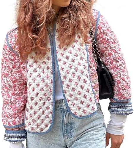 Duyang Women's Cropped Puffer Jacket Lightweight Floral Printed Open Front Quilted Coat Winter Wa... | Amazon (US)