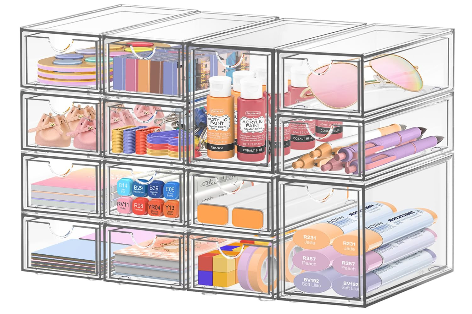 Desk Organizer with 14 Drawers, FODIENS 14 Packs Acrylic Stackable Desktop Storage Drawer Makeup ... | Amazon (US)