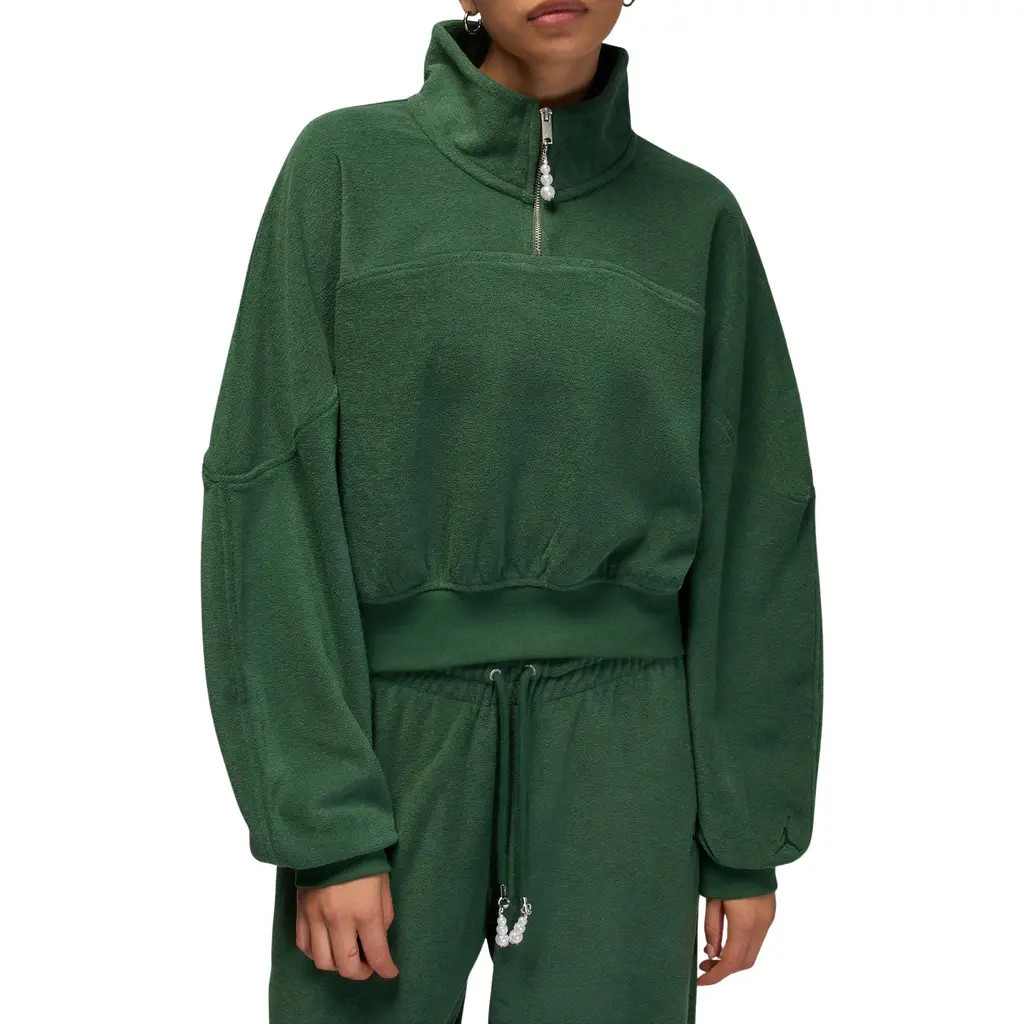 Jordan Flight Fleece Quarter Zip Crop Sweatshirt in Fir/Fir at Nordstrom, Size Medium | Nordstrom