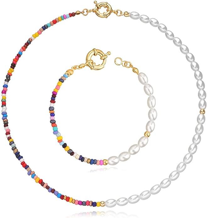 KDIZI Pearl Bead Choker Necklace Bracelet Set,18K Gold Handmade Colorful Bohemian Seed Beaded Pea... | Amazon (US)