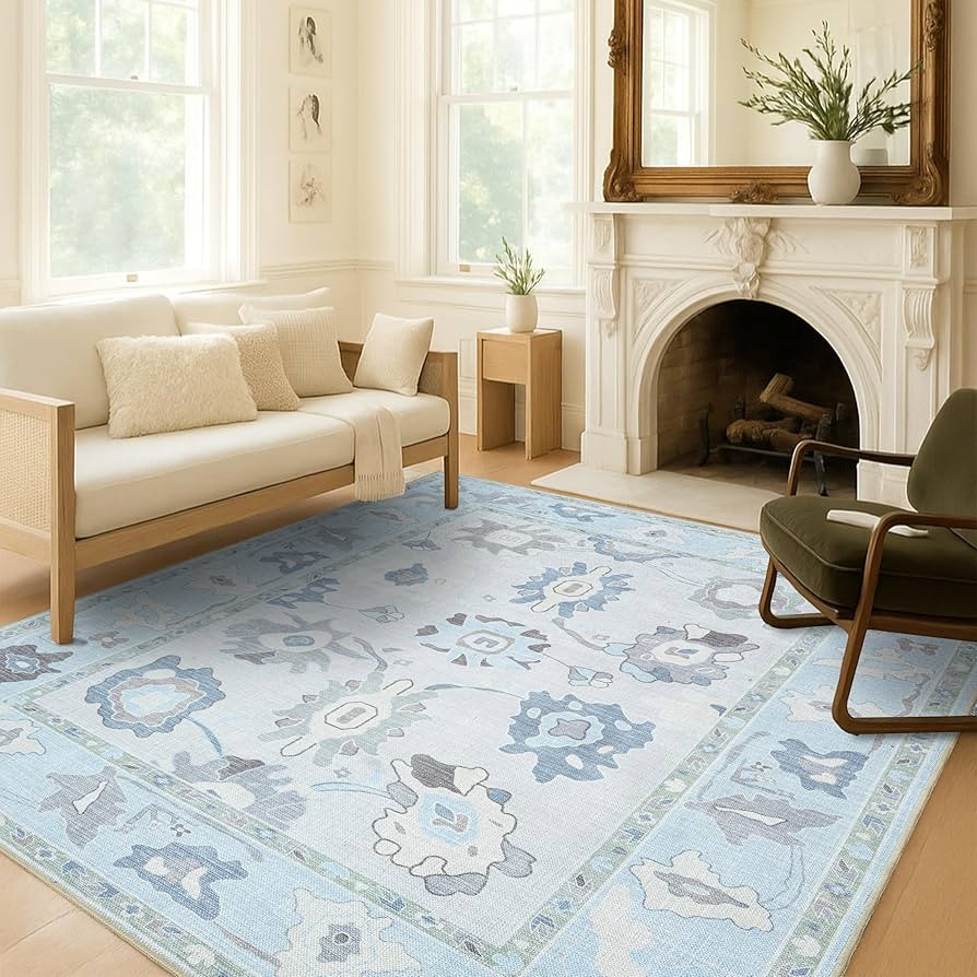 Cream Blue Oushak Rug, Modern, Vintage, Turkish, Eclectic, Floral, Pastel, Washable, Area Rugs fo... | Amazon (US)