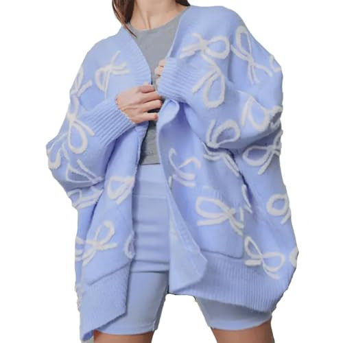 Womens Oversized Cardigan Sweaters Bow Printed Button Down Y2k V Neck Loose Long Sleeve Knit Coat Preppy Aesthetic Block Fall Trendy Top Blue | Amazon (US)