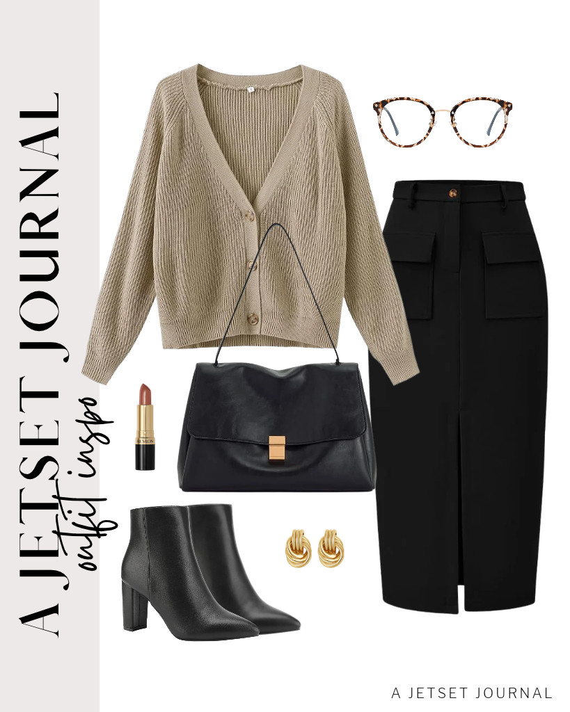 Start the first outfit with a khaki TASAMO cardigan sweater that you can layer over a simple tee and pair with this black KIRUNDO high-waist cargo midi pencil skirt. To style this fit, you can wear DREAM PAIRS chunky heel ankle boots and SOJOS retro blue-light reading glasses. Carry this JW PEI Hilary shoulder bag, too! 

 #LTKSeasonal #LTKSaleAlert #LTKTravel