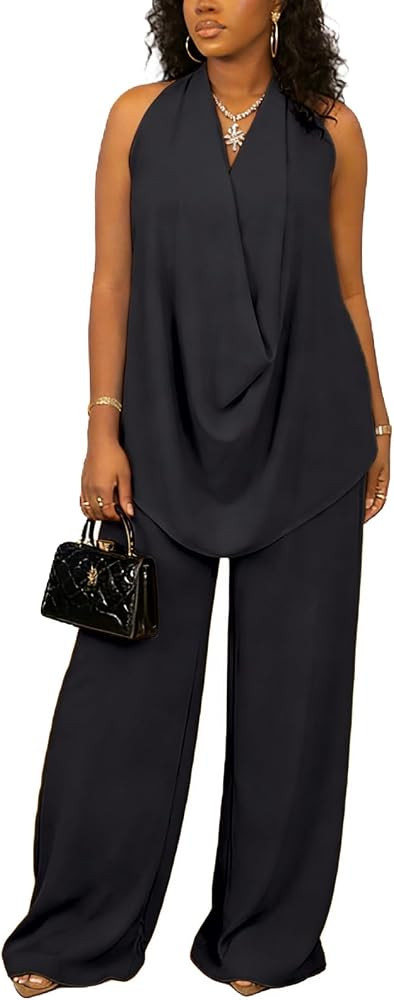Vssjavun Women's Summer 2 Piece Outfits Cowl Neck Sleeveless Halter Tops and Wide Leg Pants Vacat... | Amazon (US)