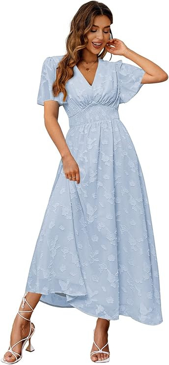 Simplee Women's Boho Floral Maxi Dress Flowy Casual V Neck Short Sleeve Wedding Guest Holiday Bea... | Amazon (US)