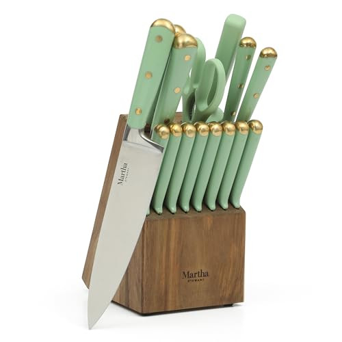 Martha Stewart 16 Piece Lockton High Carbon Stainless Steel Cutlery Kitchen Knife Block Set W/ABS Tripe Riveted Forged Handle Acacia Wood Block - Sage Green W/Gold | Amazon (US)