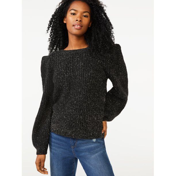 Scoop Women's Soft Tinsel Sweater with Shoulder Detail - Walmart.com | Walmart (US)