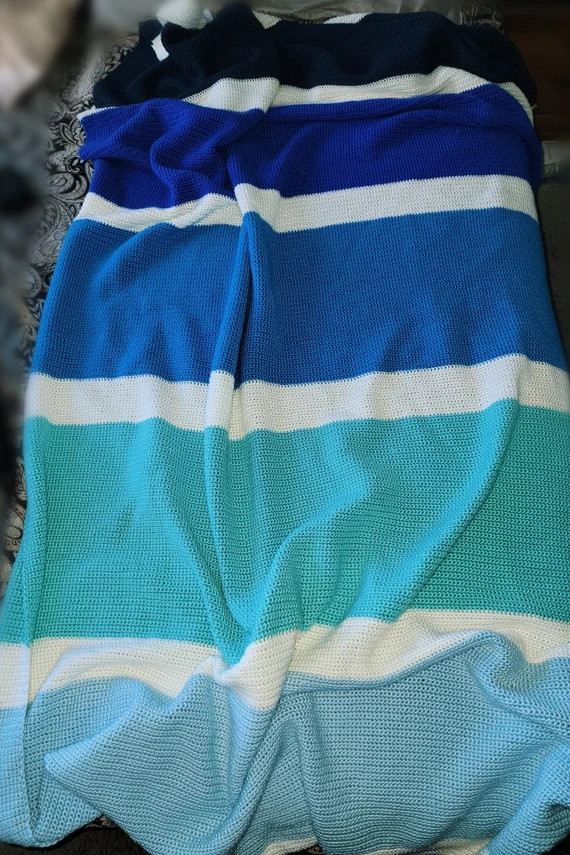 Blues and White Crochet Blanket Throw Blanket Crochet - Etsy | Etsy (US)