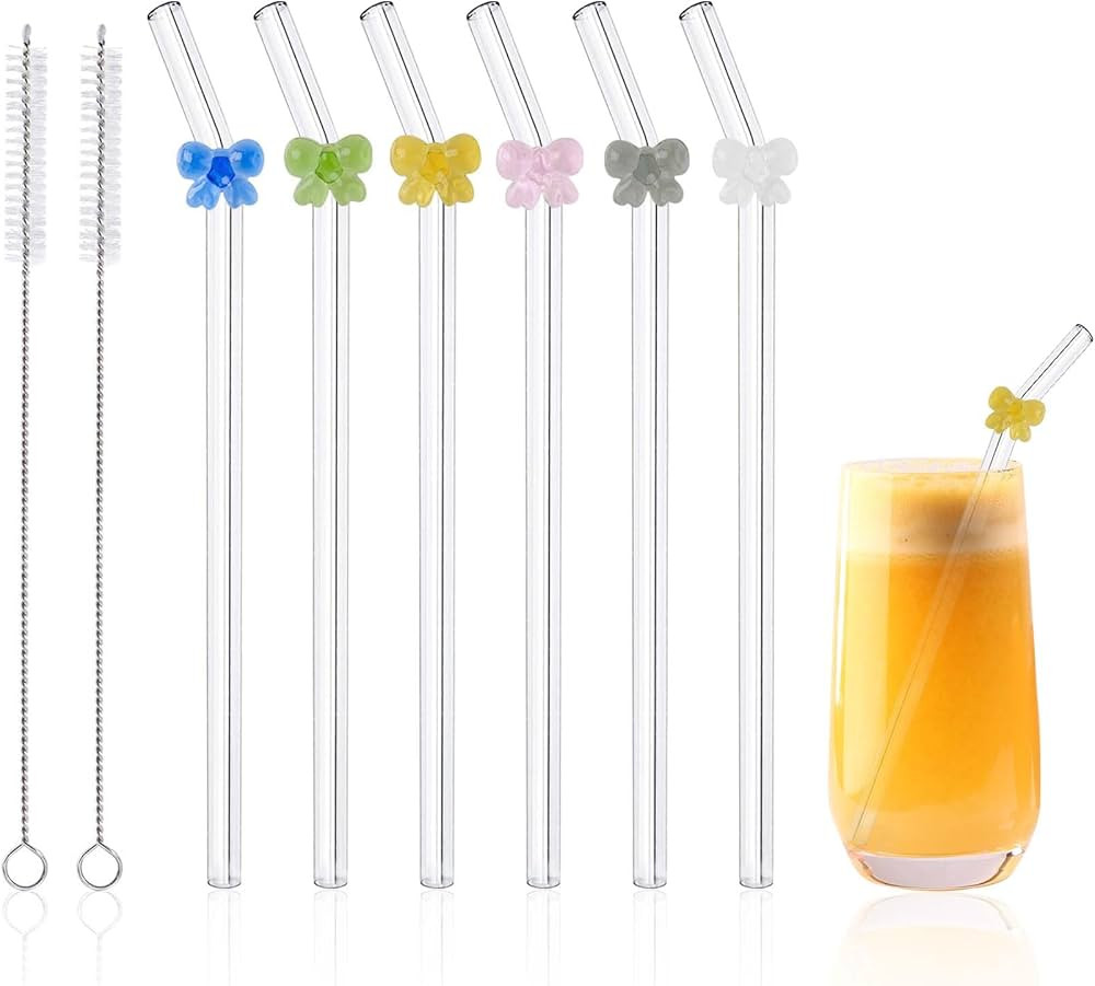 6 Pcs Reusable Glass Straws with 2 Cleaning Brushes, Cute Colorful Bow Glass Straws Shatter Resis... | Amazon (US)