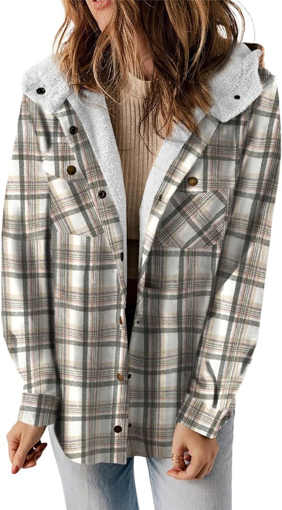 Womens Plaid Shacket Jacket Long Sleeve Button Down Fleece Hooded Jackets Warm Coat | Amazon (US)