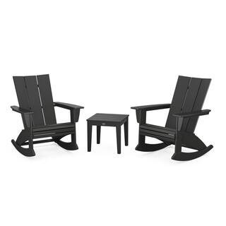 Modern Curveback Adirondack Rocking Chair Black 3-Piece HDPE Plastic Patio Conversation Set | The Home Depot