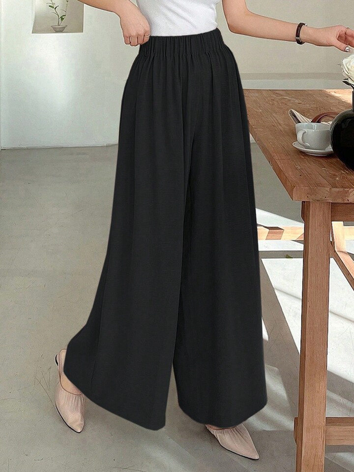 DAZY Ladies Relaxed Wide Leg Pants With Textured Elastic Waistband, Long Length | SHEIN | SHEIN