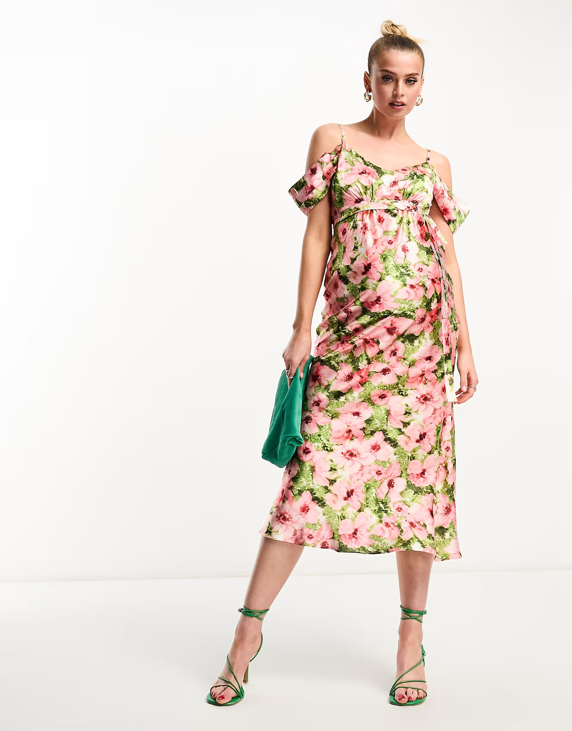 Hope & Ivy Maternity cold shoulder satin midaxi dress in pink floral | ASOS (Global)