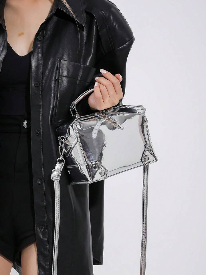 Silver Mini Shiny Pu Rivet Decorated Zipper Closure Shoulder Bag And Handbag, Suitable For Women ... | SHEIN