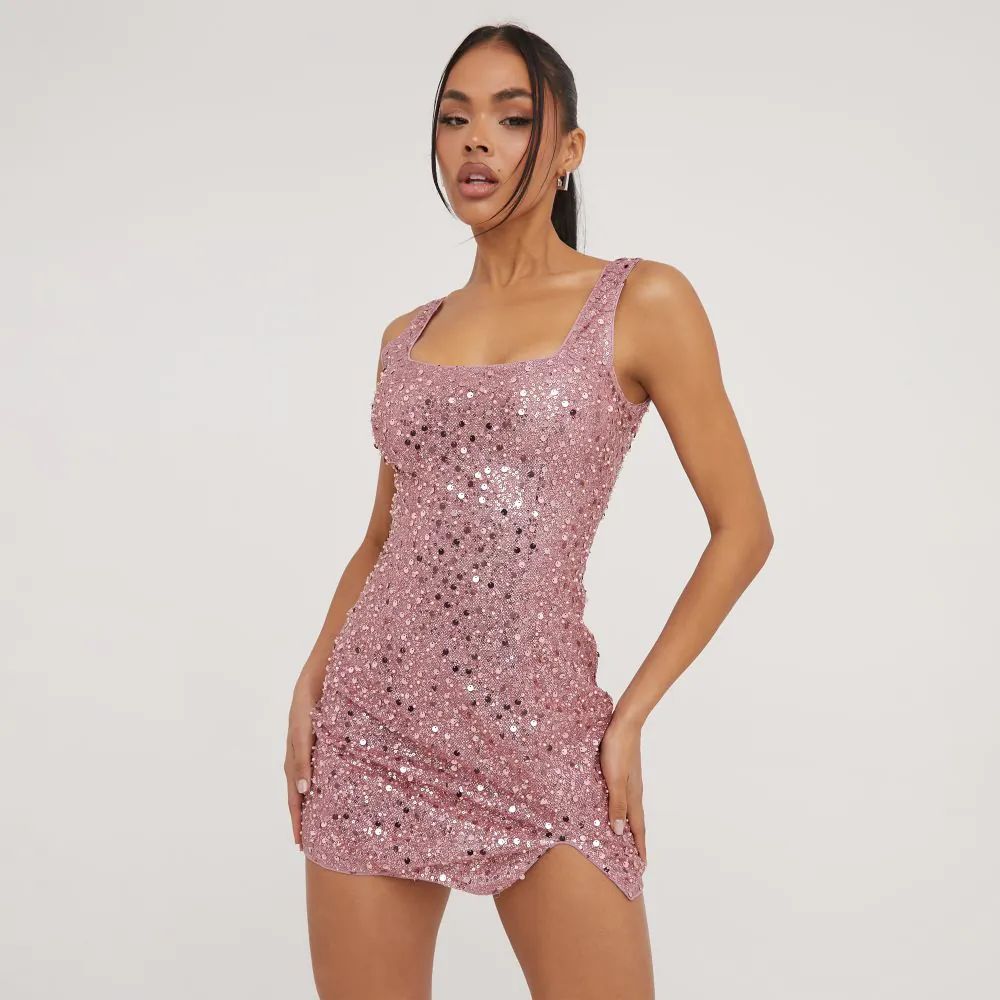 Square Neck Split Leg Detail Mini Bodycon Dress In Pink Sequin | EGO Shoes (US & Canada)