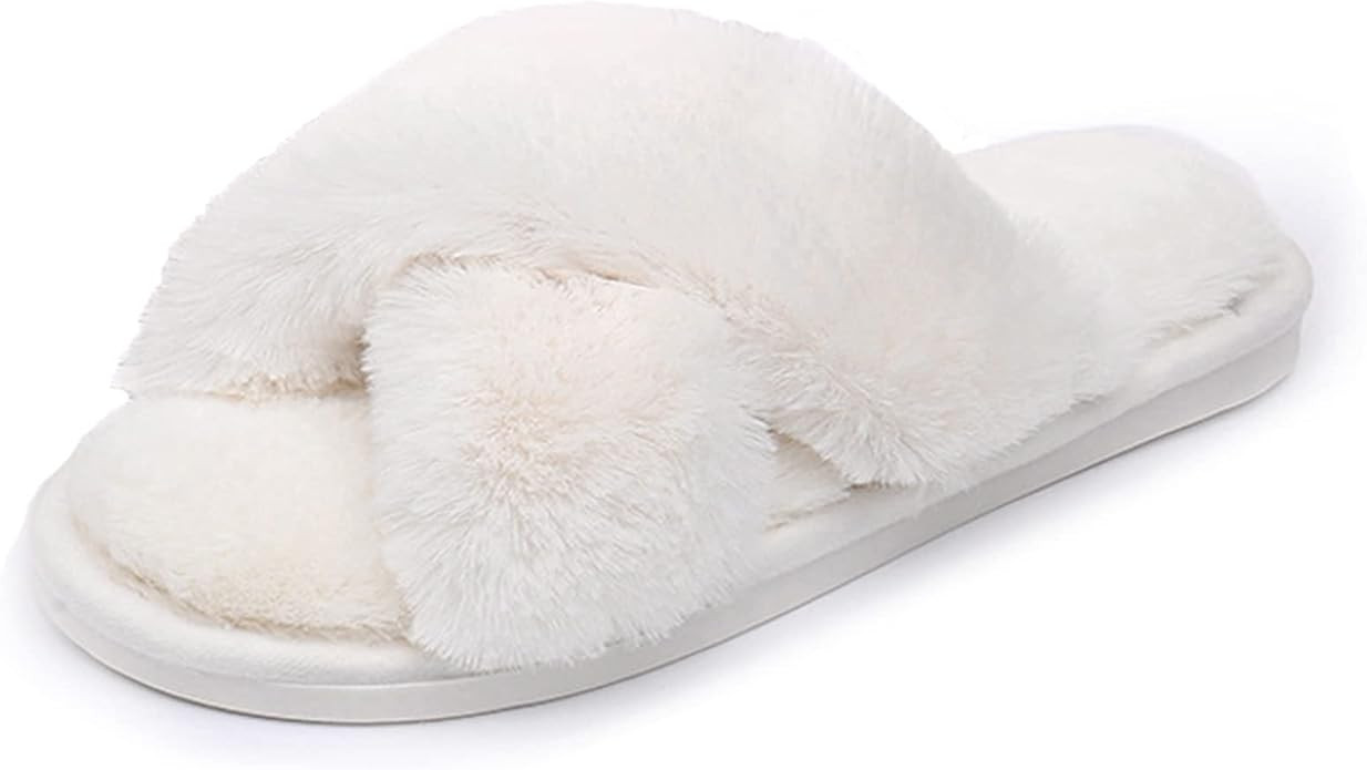 Womens Soft Plush Fuzzy Slippers Open Toe Warm Comfy Indoor Outdoor shoes White7.5-8.5 : Amazon.c... | Amazon (CA)