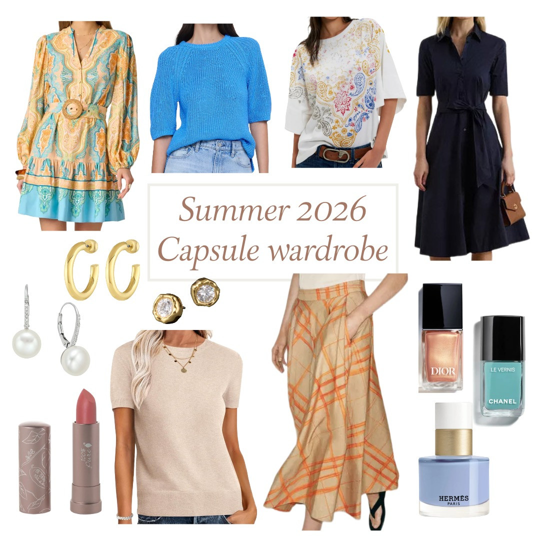 Summer capsule wardrobe for summer 2026. Loving prints, shades of blue, oceanic hues, pearls, timeless jewelry, classic lipstick, and comfort.  

 #LTKSeasonal #LTKOver40 #LTKBeauty