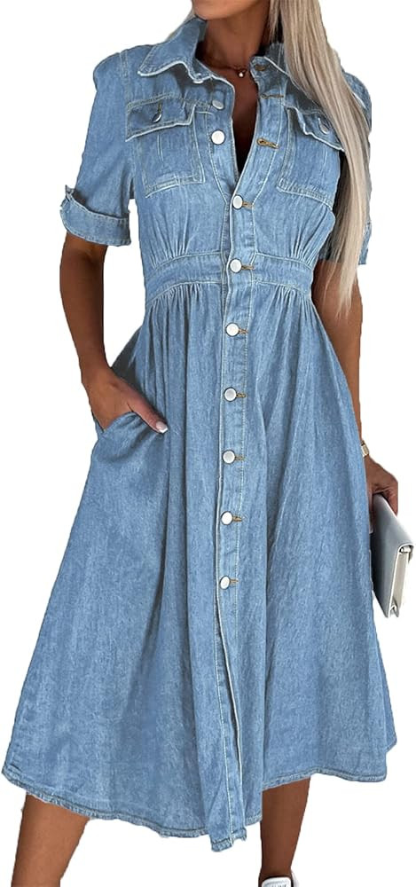 Women's Denim Shirt Dress Short Sleeve Distressed Denim Dress Babydoll Flowy Dress with Pockets | Amazon (US)
