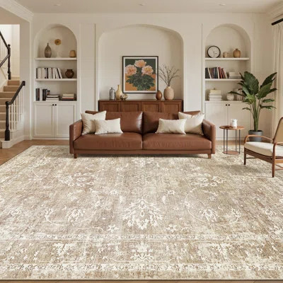 Area Rugs For Living Room, Machine Washable Vintage Rug With Anti-Slip Backing, Soft Floral Print Large Rugs(Beige/Brown) | Wayfair North America