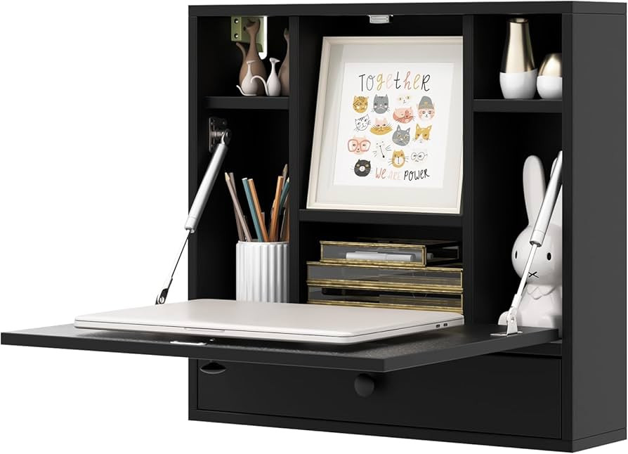 Folding Wall Desk, Wood Wall Mounted Desk with Storage Drawer and Shelves, Fold Down Wall Mount L... | Amazon (US)