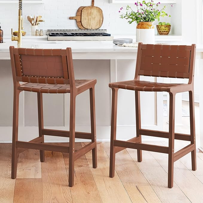 LUE BONA Counter Height Bar Stools 24inch, Set of 2 Faux Leather Woven Counter Stool with Backs, ... | Amazon (US)