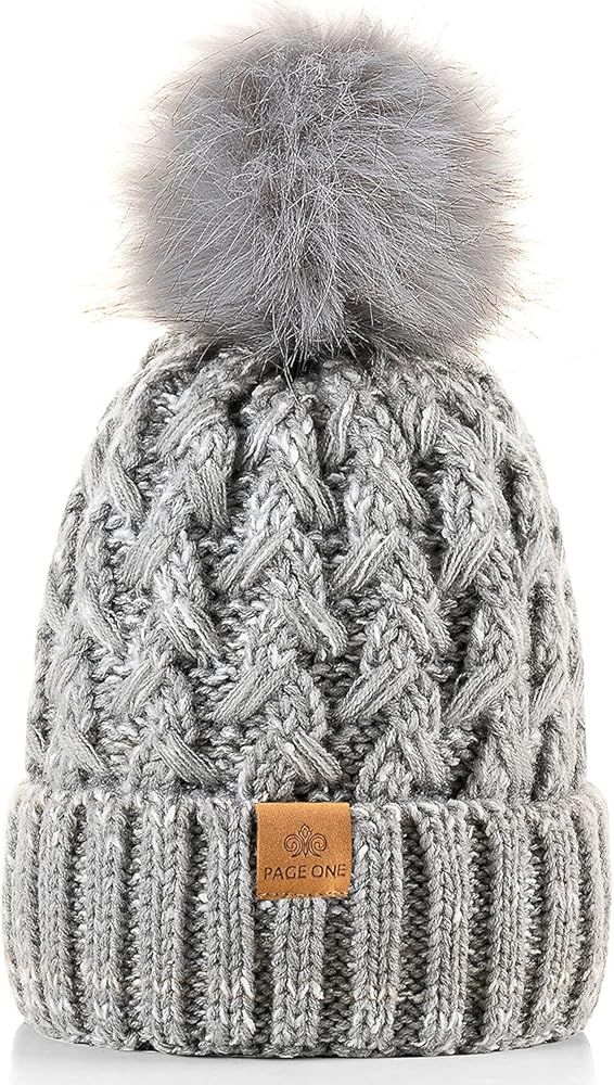 PAGE ONE Womens Winter Ribbed Beanie Crossed Cap Chunky Cable Knit Pompom Soft Warm Hat | Amazon (US)