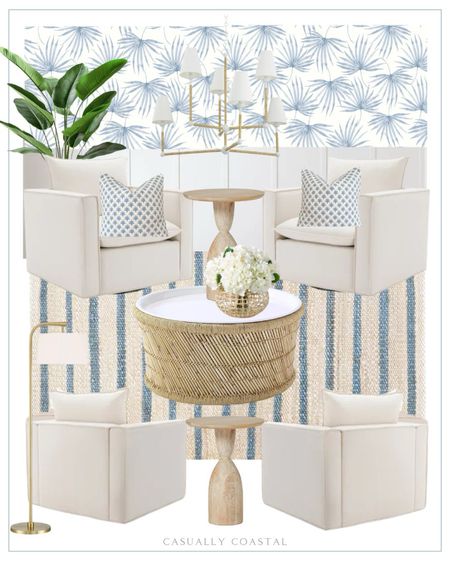 A coastal-inspired space designed for relaxation and good conversation! Several items are currently on sale including the chairs, rug, chandelier, coffee table, vase and hydrangeas!  
- 
Coastal home decor, coastal sitting room, neutral home, coastal style, beach home, beach house decor, neutral home decor, artificial banana tree, faux palm tree, coastal pillow cover, coastal pillows, statement chandelier, coastal chandelier, round pedestal side table, light wood side tables, living room furniture, coastal side tables, beach house ideas, beach house furniture, 16” side table, coastal side table, striped rug, coastal rugs, accent rug, living room rug, woven rugs, natural rugs, 9x12 rugs, 10x13 rugs, 8x10 rugs, arc floor lamp, gold floor lamp, coastal floor lamp, living room lighting, palm print wallpaper, coastal coffee table, Serena & Lily coffee table, coffee table with storage, woven coffee table, neutral coffee table, round coffee tables, upholstered swivel armchair, living room chairs, coastal vase, faux hydrangeas, Amazon hydrangeas, white hydrangeas, summer florals, coffee table decor, summer home decor, rugs on sale, keeping room, conversation area, formal living room ideas, Amazon palm tree, banana tree, bird of paradise, Amazon home decor swivel chairs, Amazon rugs, Amazon wallpaper, cane vases 

#LTKSaleAlert #LTKHome #LTKFindsUnder100