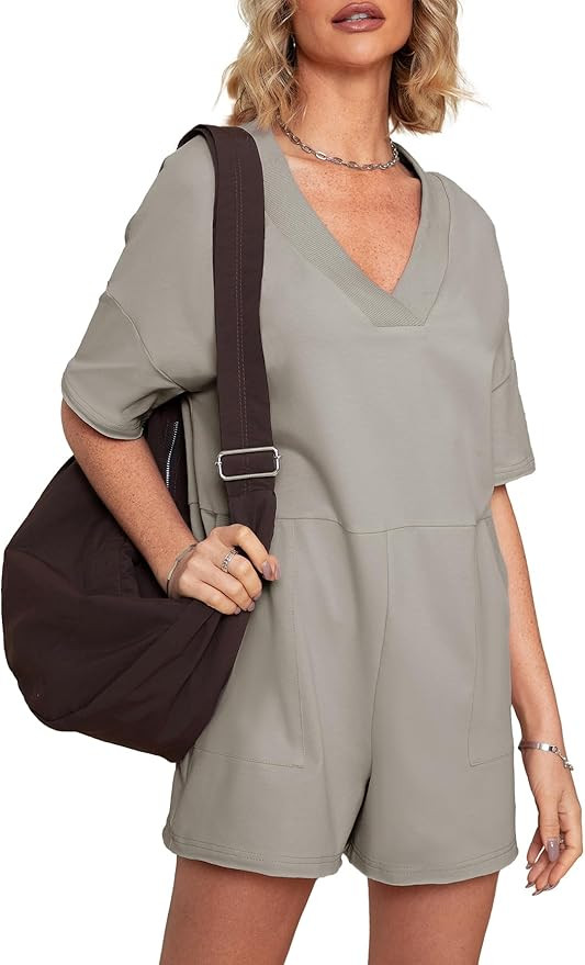 Glamaker Women's Oversized Casual Rompers Summer Outfits Workout Tee Rompers V Neck Loose Short S... | Amazon (US)