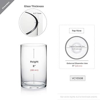 WGV Cylinder Vase, Diameter 5", Height 8", Clear Glass Floral Planter Container, Floating Candle ... | Amazon (US)