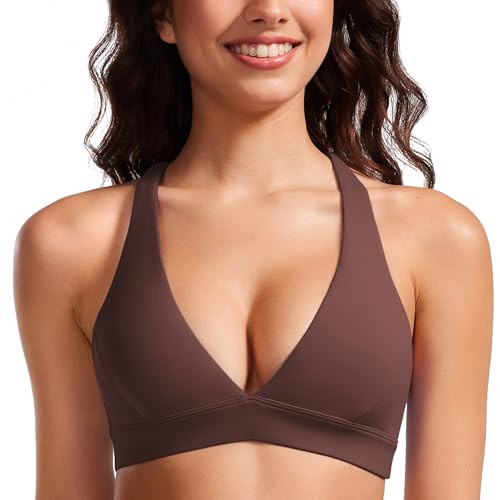 CRZ YOGA Butterluxe Deep V-Neck Sports Bras for Women - Spaghetti Strap Criss Cross Padded Top Low Coverage Wireless Yoga Taupe Medium | Amazon (US)
