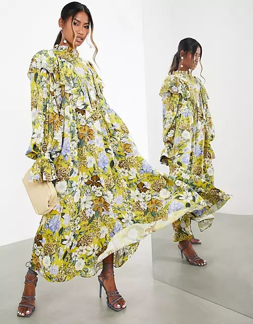 ASOS EDITION oversized maxi dress with ruffle in yellow floral print | ASOS (Global)