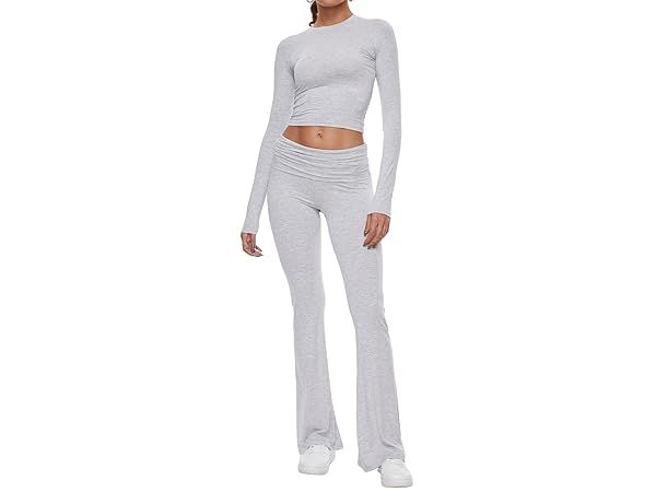 AnotherChill Women's 2 Piece Lounge Sets Fold-over Flare Pants Set Long Sleeve Cropped Top Casual... | Amazon (US)