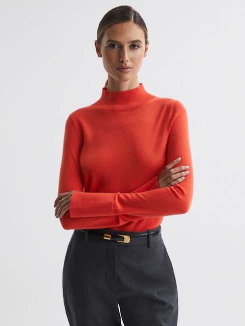Reiss Coral Kylie Merino Wool Fitted Funnel Neck Top | Reiss US
