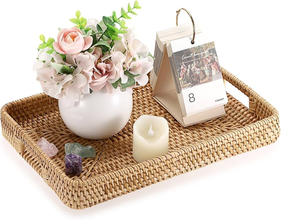 Hipiwe Handwoven Rattan Serving Tray Rectangular Wicker Tray with Handles Natural Decorative Tray... | Amazon (US)