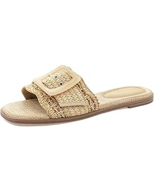 Rihero Women's Raffia Flat Sandals Square Open Toe Summer Beach Slip On Woven Buckle Slide Sandal... | Amazon (US)